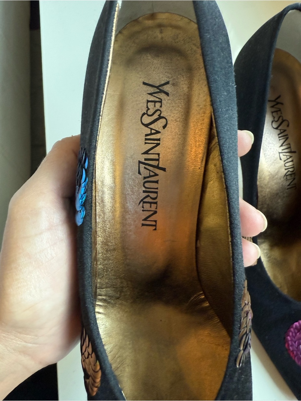 Yves Saint Laurent Black Satin Pumps with Blue and Gold Sequin Medallions - Picture 5 of 13